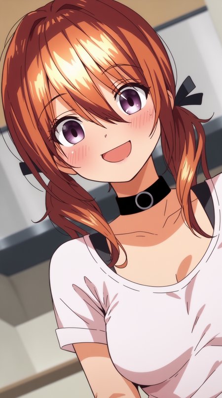 score_9, score_8_up, score_7_up, best background, detailed background, 4k, upscale, anime_source,  hinano, looking at viewer, blush, smile, open mouth, shirt, white shirt, upper body, :d, choker, solo focus, indoors, blurry, dutch angle, black choker, border, tan, tanlines, kitchen  <lora:JN_Hinano_Pony:0.8>