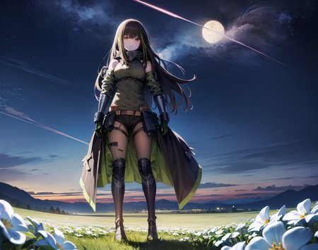(extremely detailed CG unity 8k wallpaper),(masterpiece), (best quality), (ultra-detailed), (best illustration),(best shadow), (sharp eyeliner, eyeshadow, detailed eyes:1.1), night sky, (standing in wide open field of glowing white flowers:1.1), wide shot, full body, moonlit
,BREAK
(m4a1mod:1.2), mod3 \(girls' frontline\), solo
 <lora:M4A1:1>