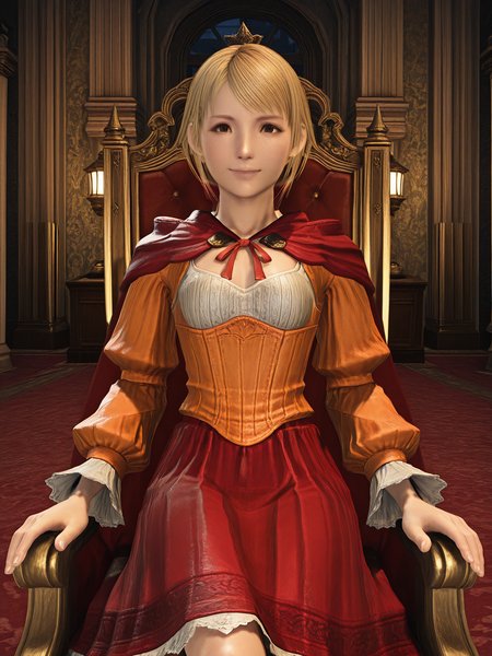 <lora:ST_FFVIIRB_0R:1.2>, ffviirb, 3d, realistic, photograph, photorealistic
<lora:Alma_Beoulve_FFXIV_0R:0.7>, alma_ffxiv
brown eyes, blonde hair, long hair, low ponytail, swept bangs, hair ribbon, red ribbon, small breasts
orange dress, red cape, long sleeves, red skirt
<lora:CC_Aesthetic_Masterpiece_1:1>, masterpiece, best quality, amazing quality, very aesthetic, absurdres, detailed background, volumetric lighting, ray-tracing
1girl, looking at viewer, dynamic pose, sitting on golden luxurious king throne, smile, front view
(indoors, fantasy, city, mansion, luxurious mansion, wallpaper, curtains, window, lamp, lantern, final fantasy vii rebirth background)