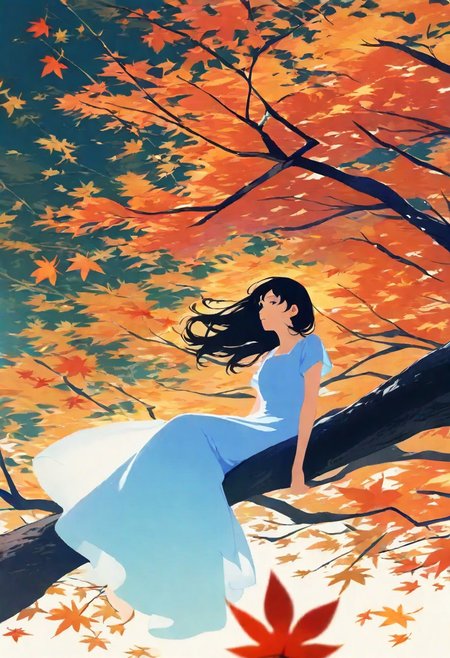 masterpiece, absurdres, (impressionism:1.2), realistic body, minimalism, scan,
1girl, maple leaf, sitting in tree, light blue dress, see-through silhouette, black hair, wind,