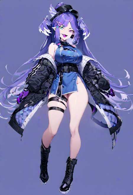 masterpiece, best quality, ultra-detailed, beautiful, nai3, 1girl, solo, full_body, tachi-e, 
selen tatsuki, boots, dress, tail, dragon tail, hat, blue dress, official alternate costume, dragon girl, sleeveless, ponytail, belt, smile, gloves, long hair, breasts, open mouth, very long hair, thigh strap, simple background, hair ornament, jacket, bangs, hairclip, fang, wings, black footwear, looking at viewer, black belt, pointy ears,