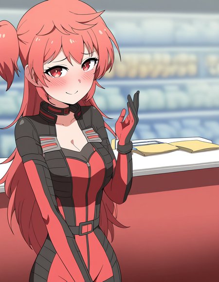 masterpiece, best quality, newest, absurdres, highres, safe,, <lora:aoi-hidaka-s1-illustriousxl-lora-nochekaiser:1>, aoi hidaka, long hair, pink hair, red hair, red eyes, ponytail, short ponytail,, bodysuit, black bodysuit, red bodysuit, cleavage,, grocery store, cashier, shopping bag, scanning items, small talk, everyday routine, , sidetail miku noodle stopper (meme), meme, side ponytail, hand up, blush, smile, bed room, cowboy shot, looking at viewer, looking at viewer, solo,, cowboy shot