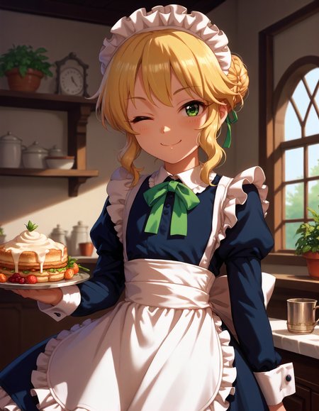 score_9,score_8_up,score_7_up,1girl,solo,cowboy shot,looking at viewer,smile,wink,
<lora:sakuraimomoka_ponyXLV6:0.8>,cgsmmk,
blonde hair,sigle hair bun,green eyes,flat chest,
maid headdress,apron,puffy sleeves