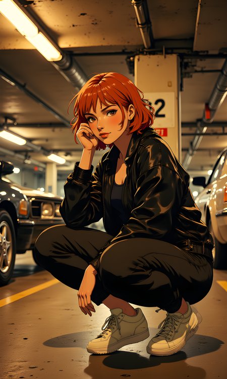 A woman with short, reddish-blonde hair, crouching in an underground parking garage. She is wearing a black leather jacket and white sneakers, which contrast with the muted tones of the environment. Her pose is relaxed yet dynamic, with one hand resting on her knee and the other near her face.
Her facial expression is confident and slightly playful. She is looking directly at the camera with a slight smile, giving an impression of self-assuredness and ease. The lighting highlights her features, adding to the overall impact of her expression.
The woman is crouching low to the ground, with her knees bent and her body slightly angled towards the camera. This pose creates a sense of movement and energy, as if she is about to spring into action. Her posture is both casual and deliberate, suggesting a moment of pause in a dynamic sequence.
She is dressed in a black leather jacket, which is loose-fitting and adds to the edgy aesthetic of the image. Underneath the jacket, she appears to be wearing a dark top, and her white sneakers provide a pop of color against the darker elements of her outfit. The combination of the leather jacket and sneakers gives her a modern, urban look.
The camera is positioned at a low angle, capturing the subject from a slightly upward perspective. This angle emphasizes her crouched position and creates a sense of intimacy and immediacy. The framing is tight, focusing closely on her upper body and face, which draws attention to her expression and pose.
The lighting in the image is soft and diffused, likely coming from the overhead fluorescent lights in the parking garage. The light casts gentle shadows on her face and clothing, adding depth and texture to the scene. The overall effect is a warm, sepia-toned image that enhances the mood and atmosphere.
The background consists of concrete pillars and parked cars, typical of an underground parking garage. The pillars are numbered, with "62" visible on the pillar behind the subject. The cars are blurred, indicating a shallow depth of field, which keeps the focus on the woman. The environment is utilitarian and somewhat gritty, providing a stark contrast to her stylish appearance.
The composition is centered around the woman, with the background elements serving to frame and highlight her presence. The use of leading lines, such as the lines on the floor and the edges of the pillars, guides the viewer's eye towards her. The overall effect is a balanced and visually engaging image that captures a moment of urban style and confidence.
BREAK j_art, anime, anime art, <lora:FLUX\RetroAnimeS1.1:0.1>, <lora:FLUX\GLSHS:0.1>, <lora:FLUX\Dieselpunk Delight - s0_9 g4:0.1>, <lora:FLUX\Anime Art V3:0.1>, <lora:FLUX\jul\J_Anime:1.0>