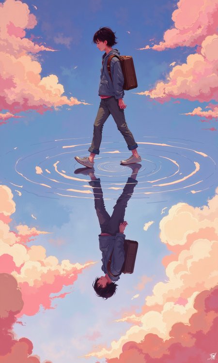 A vibrant digital artwork featuring a captivating reflection. 
A young woman, depicted in a stylized anime or digital painting style, is seen walking in mid-air.  Her posture is slightly hunched with a suitcase slung over her shoulder.  Her clothing, including pants and a jacket, is a muted, dusky-blueish-gray color. She is also wearing light-colored (likely white or light gray) sneakers. 
The woman is reflected upside down in a pool of water, that appears to be calm and mirroring the clouds above. The clouds are a soft, pastel palette of pinks, oranges, and purples, creating a dreamlike atmosphere. 
The water's surface is visible with concentric ripples and a circular pattern surrounding the inverted figure, suggesting a still pool or puddle. The colors of the clouds are vibrant and detailed, with soft edges indicative of artistic technique. The image seems to convey a sense of surrealism and reflection, showing a perspective that is at once natural and fantastical. The character design suggests a style commonly found in illustrations or digital art.
<lora:FLUX-daubrez-DB4RZ-v2:1> DB4RZ, DB4RZ style painting