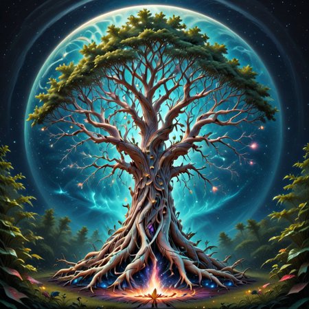 white huge tree grows from the black hole in the center of galaxy, fluorescent leaves, white glowing bark, alien colorful planets grow on branches of the tree, life energy flows through the roots of the tree, space, cosmic scenery, clouds of cosmic dust around, black background, hyperrealistic, photorealistic, atmospheric scene, depth of field, 8k quality, extreme detailed, colorful, award-winning masterpiece, abstract beauty