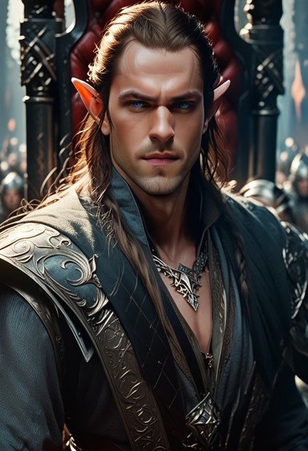 score_9, score_8_up, score_7_up, The image is a close-up portrait of a male elf with blue eyes, prince, throne room, fantasy, realistic, detailed