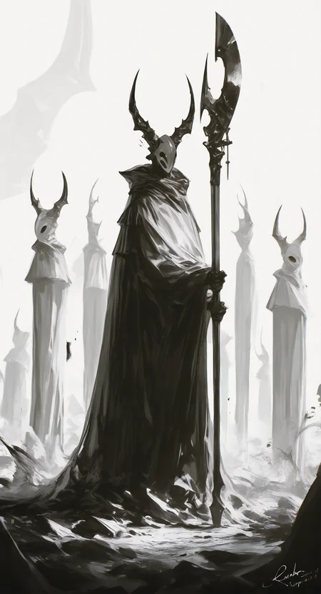 masterpiece, best quality, Good quality, very aesthetic, absurdres, newest,  holding, standing, monochrome, weapon, greyscale, horns, holding_weapon, dated, no_humans, mask, traditional_media, looking_up, 1other, cloak, floating, multiple_others, blank_eyes, ink_\(medium\), hollow_eyes <lora:ponyv5_noobE11_1_adamW-000013:0.7> <lora:USNR_STYLE_XL_lokr:1>