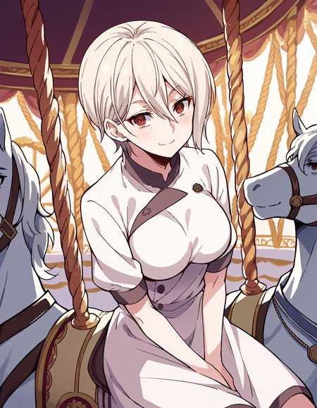 score_9, score_8_up, score_7_up, source_anime, <lora:alice-nakiri-s1-ponyxl-lora-nochekaiser:1>, alice nakiri, short hair, red eyes, white hair, hair between eyes, large breasts, <lora:carousel-ponyxl-lora-nochekaiser:1>, carousel, sitting, riding,, blush, smile, casual dress, solo,,