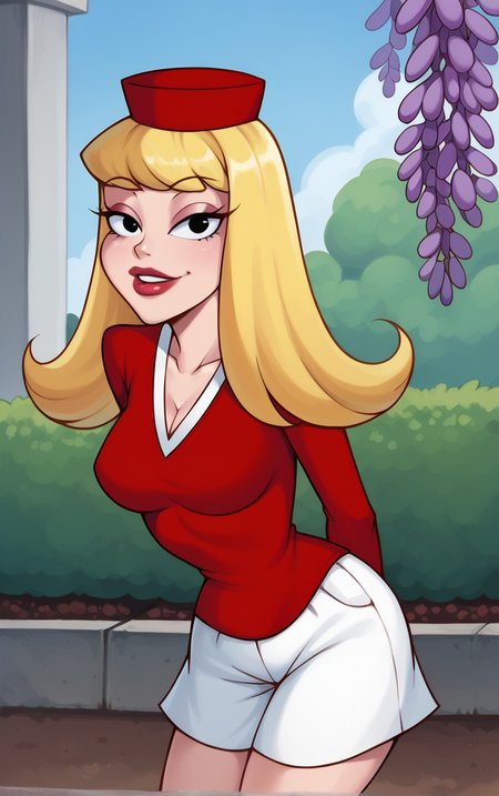 score_9, score_8_up, score_7_up, looking at viewer,  BREAK
RedDress_MissInformation_ownwaifu,  
1girl, blonde hair, long hair, makeup, lipstick, skirt, medium breasts, red lips, black eyes, traditional media, lips, large breasts, 
hat, red dress, beret, cleavage, red headwear, long sleeves, top hat, miniskirt, pencil skirt, white shorts
(leaning forward, arms behind back), cowboy shot, garden, wisteria, outdoors, <lora:PONYXL_MissInformationHisteria_ownwaifu:0.85> , depth of field, solo,