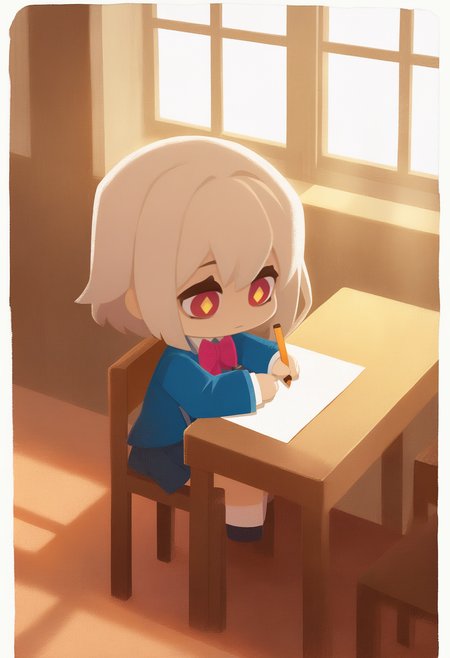 onmyojistyle, chibi, masterpiece, best quality, <break> white border, wide shot, solo, 1girl, expressionless, looking down, sitting, chair, holding pencil, diamond-shaped pupils, school uniform, blazer, bowtie, long sleeves, indoors, classroom, table, paper, window, sidelighting
<segment:yolo-Anzhc Face seg 640 v2 y8n.pt,0.4,0.5//cid=1>