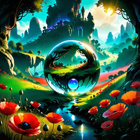 Jed-Gball,Jed-Glassball, <lora:Jed-Glassball:0.7>, video game concept art, 2d game art, concept art, landscape  and Field of poppies, it is very Bewitching, Digital painting, ethereal landscapes, atmospheric lighting, gorgeous, great light, luxurious, epic atmosphere, lush, vivid colors