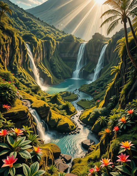 A breathtaking view of an ancient, dormant volcano now transformed into a lush, vibrant natural sanctuary. The crater is filled with dense tropical forests, colorful exotic flowers, cascading waterfalls, and mist swirling gently in the morning light. Vines and moss cover the dark volcanic rocks, and small streams wind down the slopes. while rays of sunlight pierce through the dense canopy, creating sparkling reflections on the water. The atmosphere feels peaceful, enchanted, and untouched by humans. The scene is depicted in an ultra-detailed, hyper-realistic style, with warm, soft lighting and rich, saturated colors that enhance the magical and serene mood of the landscape.
<lora:SDXLFaeTastic2400:0.4> <lora:extremely_detailed:0.4> extremely detailed,dormant v0lc4n0, <lora:dormant_v0lc4n0-i:1>, Masterpiece,best quality,hi res,8k,hi res,8k,award winning,(sharp focus, intricate, highly detailed),
