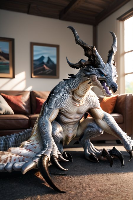source_furry, score_9, score_8_up, score_7_up, (wyvern_xv, wyvern, feral), scalie, silver scales, detailed scales, horns, blue eyes, detailed eyes, claws, tail, winged arms, <lora:FF_Wyvern08:0.8>, indoors, living room, sitting, zPDXL2, zPDXLpg, zPDXLrl, shaded, best quality, highly detailed, extreme detail, photorealistic