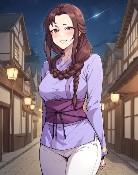 murong_geomhwa, brown hair, very long hair, braid, braided hair, hair around neck, brown eyes, long hair,  murim clothes, purple murim top, obi, white pants BREAK  outdoors, city, night, starry sky, BREAK arms behind back, smile, blush, looking at viewer BREAK score_9, score_8_up, score_7_up, source_anime ,zPDXL, <lora:Murong_Geomhwa:0.8>