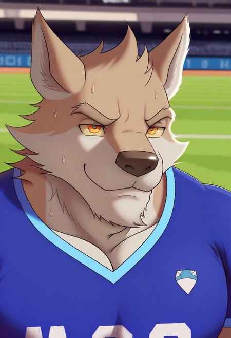 <lora:WyattBYH:1>, wyatt, wolf boy, wolf tail, orange eyes, yellow sclera, perfecteyes, furry male, furry, brown fur, muscular male, bara, athletic build, large pectorals, solo, 1boy, beautiful, hyper-detailed, highres, amazing quality, very aesthetic, depth of field, vibrant colors, high sharpness, soft shading, photorealistic, photorealism, dynamic angle, cinematic lighting, detailed background, football field, blue shirt. white pants, sportswear, sweaty, narrowed eyes, close up, face focus, portrait, smile