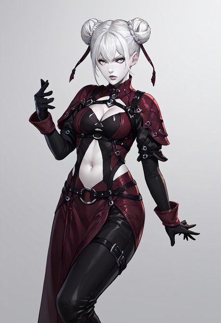 score_9, score_8_up, score_7_up, score_6_up, score_5_up, score_4_up, source_anime, solo, 1girl, 
twin-buns, white hair, gray eyes, black outfit, pale skin, navel cutout, high boots, lips, curvy, twin-buns, white hair, gray eyes, black and maroon outfit, pale skin, midriff, navel, lips, black gloves, cleavage, black sleeves, harness, 
masterpiece, best quality, very aesthetic, absurdres,
