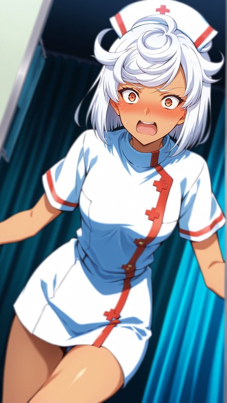 source_anime, general, best quality, masterpiece, 1girl, <lora:Tissisaaq_ill_v1.0:1> tissisaaq\(scarlet grace\),white hair, short hair, dark skin, dynamic pose, dutch angle, nurse, panicking, embarrassed,  cowboy shot,