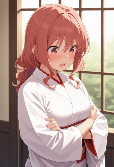 masterpiece,best quality,amazing quality, yuna amagami, coral hair, long hair, red eyes, 1girl, solo, japanese clothes, crossed arms, white kimono, open mouth, wide sleeves, long sleeves, hair between eyes, kimono, blush, upper body