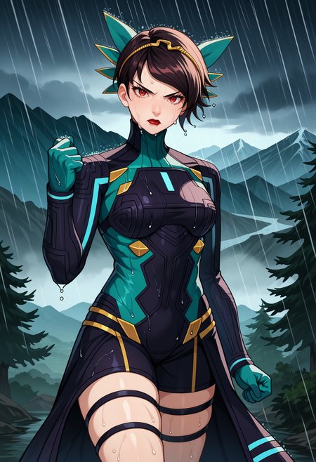 score_9, score_8_up, source_anime, 1girl, clenched hand, hand up, serious, <lora:zs_PanagiaYokoXL:1> panagiayokosmtvv, short hair, black hair, swept bangs, headband, red eyes, red lipstick, turtleneck, bodysuit, medium breasts, skirt, green gloves, thigh strap, wet, overcast, rain, tree, mountain