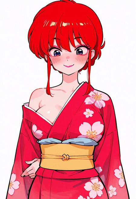 absolutely eye-catching, perfect quality, high quality, flat colors, source_hentai, cute round face, ambient occlusion, 748cmstyle, very aesthetic, absurdres quality, ultra detailed eyes, intricate details, ((perfect face:1.4, eyebrows, perfect eyes:1.3, detailed eyes:1.5)), ((blush, intense pink blush:1.5)), ,female Ranma Saotome (Ranma 1/2):1.5, wearing a form-fitting red kimono with intricate floral patterns:1.6, the kimono subtly slipping off one shoulder to reveal smooth skin:1.5, striking a flirtatious pose with one hand delicately holding the edge of the kimono while the other rests on her hip:1.6, her expression is playful and coquettish, with a soft blush and a teasing smile:1.6, long, vibrant red hair styled neatly but with a few loose strands framing her cute round face:1.5, narrow waist, detailed eyelashes, eyeliner, eyeshadow, lipstick:1.6, simple white background,large breasts, think things,