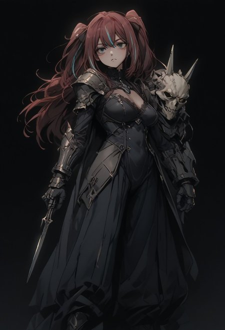 score_9, score_8_up, score_7_up, score_6_up, score_5_up,full body:1.4,black background,simple background,masterpiece, best quality, sharp_details, game_cg，flat color, dark theme
,
akoya,multicolored hair, streaked hair,brown hair,aqua hair,two side up,bangs,aqua eyes,
breasts, cleavage,tigh body suit,underbust,black detail gauntlets armor,(tight),mature face,
,standing,(large breasts:0.6),from side:1(fromfront:0.5),raise a skull 
 with one hand,looking at the skull eyes hole,expressionless,
 dramatic pose,full body:1.4,