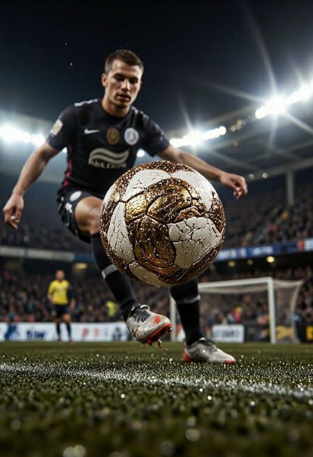 A highly detailed 8k UHD professional photograph of a soccer player running to kick a solo soccer ball made of metallic snake scales, the camera is focused on the ball, from below, dutch angle, motion blur, bokeh, mud slinging, in the rain, very detailed, exciting image, sports_photography