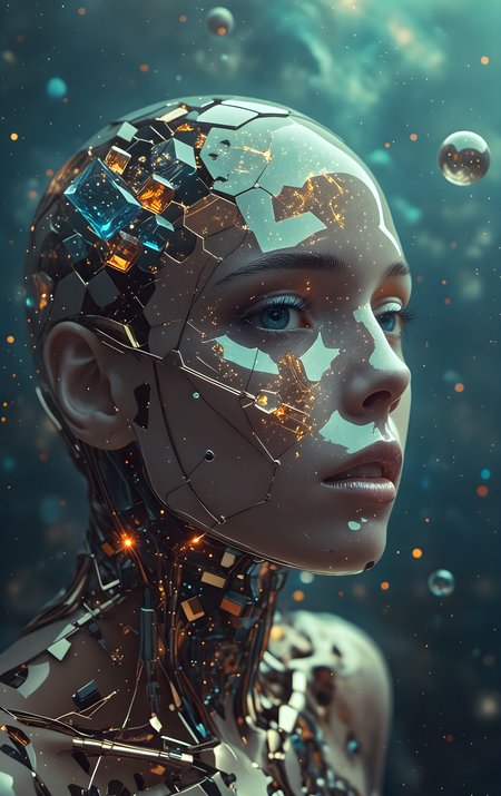 Dreamscape Human anatomy,fragmented body parts,3d cube fragmentation of body,cubes and orbs breaking off face,cgi surreal masterpiece,vibrant colors,rim lighting,mechanical fragmentation,biosphere decomposition,high detail,floating parts,detailed cosmic background,fractal art,galaxy light vision,16k,Astral concept art,sharp lines, . Surreal, ethereal, dreamy, mysterious, fantasy, highly detailed