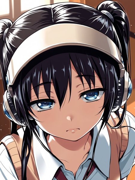 <lora:happy_tentacle-mayu-v0.1-000033:0.9>, ht_mayu, headphones, black hair, blue eyes, collared shirt, sweater vest, short sleeves, indoors , 1girl, solo, , half-closed eyes , (doyagao :1), , looking at viewer , , facing viewer , score_9, score_8_up, score_7_up, score_6_up, score_5_up, score_4_up