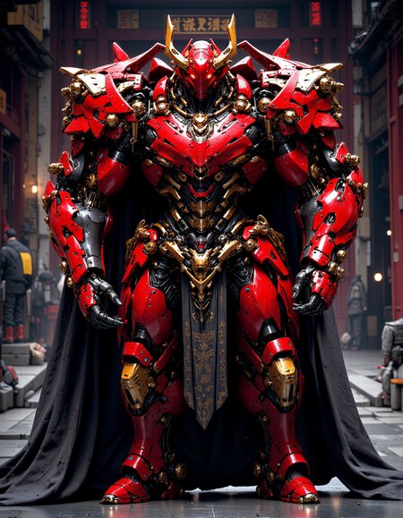 cinematic film still cinematic film still stylized by Sam Mayle, photograph, concept art, breathtaking red armored cybernetic robot, cloake black and golden shinobi, cyberpunk demon helmet, futuristic, exosuit, tactical, advanced gear, hero pose, highly detailed, futuristic, intricate, elegant, standing in a cyberpunk shinto shrine,  distantfuture  <lora:FluxMythP0rtr4itStyle:0.85>  <lora:DistantFutureFluxV2-000013:0.85>