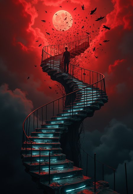An enormous spiral staircase made of translucent glass ascends into a stormy, blood-red sky filled with fragmented memories that scream and writhe. At the center, a figure with no discernible face dissolves into a swarm of black insects that reform and disintegrate with each step. The stairs crack and reform beneath their feet, each ripple sending shockwaves through the memories. The surreal scene now embodies a descent into madness, with chaotic visuals and unnerving, glowing accents.  ,aidmafluxproultra