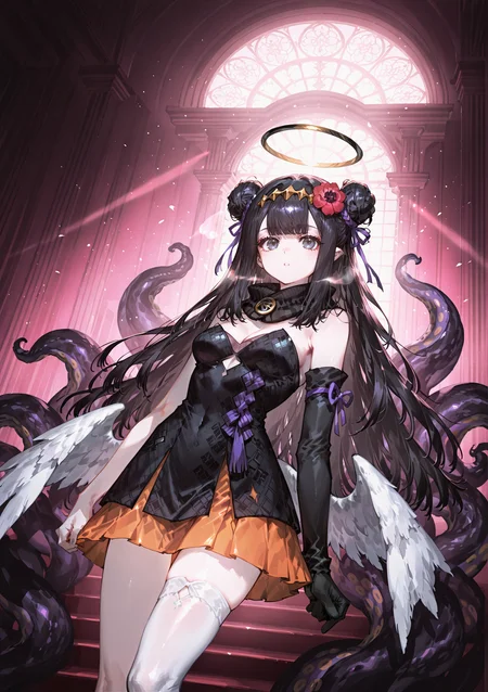 zPDXL3 Real score_9, score_8_up, score_7_up, score_6_up source_anime, highly detailed, sharp, intricate details, rating_safe rating_sensitive, rating_explicit, masterpiece, best quality, good quality, bright eyes light particles lens flare amazing quality, very aesthetic, very awa, absurdres, newest,
<lora:nhl-001-20:0.4> nhl-001 film grain multicolored background ,<lora:ponyv4_noob1_2_adamW-000017:0.33>
<lora:yoneyamaiXLNBVP1lokrV6311PZ:0.5>, <lora:misumigumiforill:0.5>
medium breasts, dynamic pose, dynamic angle,
optical illusion, ssambatea, quasarcake, Fishine, arutera, soresaki, reoen, sanbonzakura, askzy, negative space, see-through, made of, neon light, detailed background,
A lavish mansion's grand staircase as the centerpiece, with plush red carpeting unfurling between ornate dark wood banisters. A young girl in a formal dress stands alone, her presence highlighted midway up the broad steps, capturing the opulence of the estate.
inaina_prstss, strapless dress, orange skirt, orange headpiece, single detached sleeve, single thighhigh, white thighhighs, purple ribbon, black gloves
halo, tentacles, low wings
inaina_nwyrs, horns, double bun, hair flower, red flower, print kimono, black scarf, black cardigan, black gloves, black headpiece
 <lora:ina_illus:0.7>