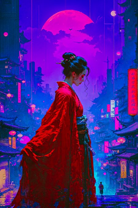 In a surreal and dreamlike world, a woman shirt dressed in traditional Japanese clothing clutches the iconic red cape of Eleni. Her eyes are closed as she gazes down at her lips, lost in thought. The iconic figure looms over the cityscape, Fae, Brown and Indigo neon hue, designed by Brian Stelfreeze, Milton H. Greene and Andreas Rocha