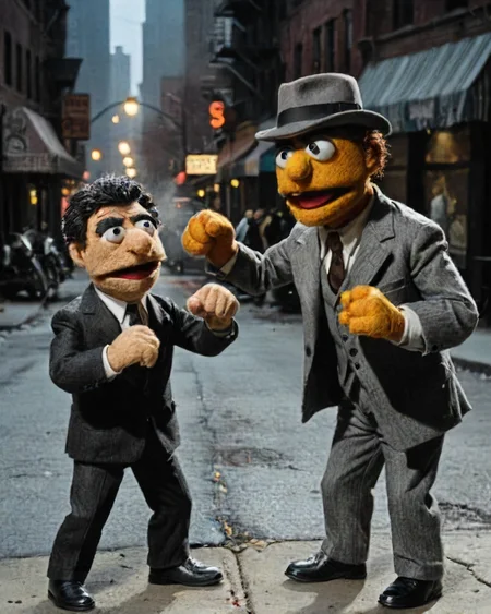 In a felt puppet world style, action shot of gritty detective in a fist fight on the mean streets of Chicago, film noir, <lora:Felt-Puppet-base-v1-000008:0.85><lora:!action-sdxl-V0.5:0.7>