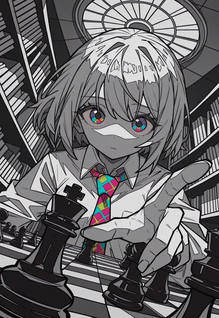 dutch angle, two-finger, upper body, perspective, chess piece, reaching, abstract chess piece, expressionless, solo, looking ahead, intense,
7A3IFRHPR_illu, ligne claire,
monochrome, greyscale, partially colored, colorful_necktie, colorful_eyes, tareme,
[greyscale background, unmoving pattern], library, domed ceiling,
masterpiece, absurdres, newest, [dynamic pose]