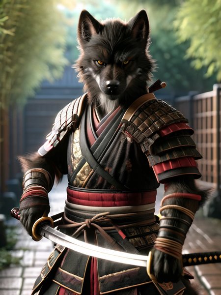 worgen, female worgen, samurai worgen, samurai clothing, a wolf dressed in traditional samurai armor with a samurai sword, looking at viewer <lora:wowrgen-sdxl:1>