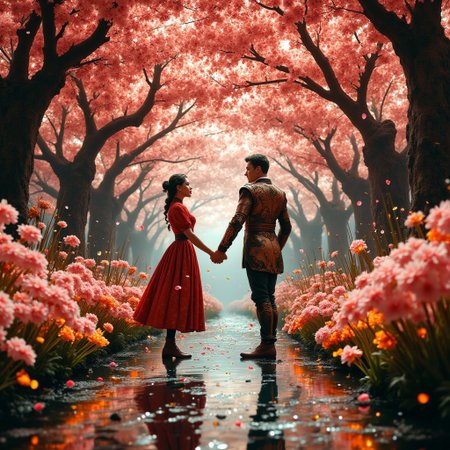 A colossal tunnel of hybrid cherry blossoms with clockwork cores, their brass-gear pistils radiating warm amber light onto two figures clasping hands beneath the floral vault. The woman wears a Victorian-era dress fused with samurai armor plating, while the man’s tailored coat features embroidered circuit patterns glowing with sakura-pink energy. Petals fall in slow motion, some organic and glowing, others mechanical with copper filigree edges, landing in a glowing river of sakura tea that swirls around their feet. Above, the tunnel’s framework reveals iron girders overgrown with vines and bioluminescent fungi, blending industrial and natural elements. Rich contrasts of patinated metal, velvety blossoms, and neon-bright pollen trails
