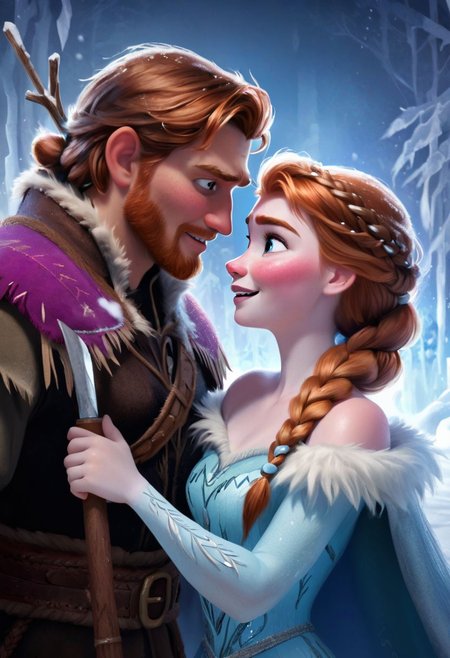 by Lois van Baarle,  1 female, anna from the movie frozen, auburn hair in two braids, 1 male, kristoff rom the movie frozen, couple, lovers,  axe, fur cape, garland of beads, night, moon, snow, blizzard, illustration, 2d, best quality, best facial detail