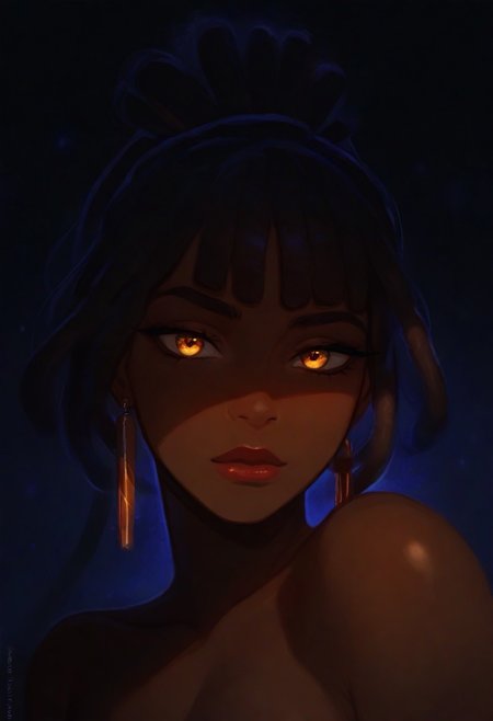 masterpiece, best quality, amazing quality, very aesthetic, absurdres, newest, 1girl, dreadlocks, solo, dark skin, dark-skinned female, short hair, bangs, earrings, jewelry, looking at viewer, very dark skin, bare shoulders, black hair, upper body, glowing, BREAK flowing shadows across the neon-lit fractals.,
The figureas red lips stand out vividly, She tilts her head slightly upward, her expression enigmatic, as the interplay of shadows and neon light creates a mesmerizing depth. <lora:ponyv4_noob1_2_adamW-000017:0.7000000000000001> <lora:748cmSDXL:0.7>