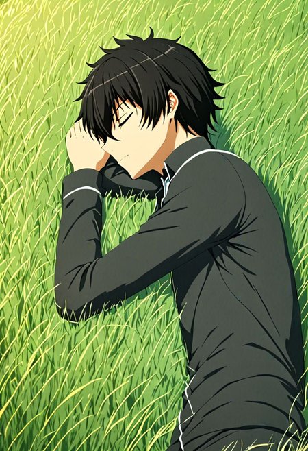 high resolution, solo, best quality, 1Boy, Seiya Kanie, black hair, short hair, thin, sleep, nap, grass, meadow hills, wind breeze, OverallDetail
