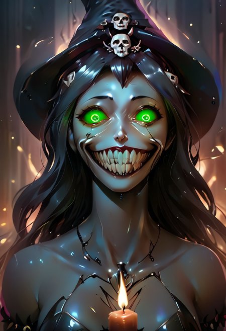 score_9, score_8_up, score_7_up,realistic,realistic style photo,cinematic light, film still,<lora:JuggerCineXL2:1.0>
rostran style, glowing, radiance, light art,horror (theme), eldritch abomination,detailed_eye_model
1girl, necromancer, solo,thin arms, narrow shoulders, petite, Black hair,wavy hair,glowing green eyes, cute, Kawaii,slim girl, Short,
 sharp teeth, evil grin, green sclera, glowing eyes,
Jed-Wtchc, witch outfit,  Pointed hat, black dress,  striped stockings, Side slit on the dress,
in a dungeon, stand on a giant werewolf skull, the skull is in the middle of a pentagram, candles, candle lights, green candle lights,