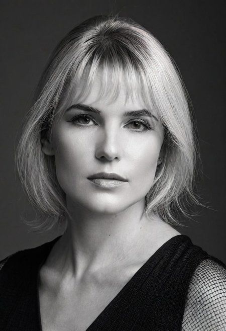 A striking monochrome portrait of a high-fashion model captured in a classic, Vogue-inspired photoshoot. The image focuses on her upper body, showcasing sharp bone structure and flawless skin illuminated by dramatic, high-contrast lighting. Shadows and highlights play artfully across her face. Her gaze is powerful and direct, exuding confidence and sophistication, with slightly parted lips that add a touch of allure.
Her hair is styled sleekly back, drawing attention to her expressive features and creating a sculpted silhouette against a soft, shadowed background. She wears minimal accessories - perhaps a single, elegant earring catching the light adding sophistication without distraction. The monochrome palette enhances the texture and contrast, giving her skin a smooth, almost ethereal glow, while the deep shadows add depth and mystery. The overall composition feels timeless and refined, embodying classic beauty and editorial poise with a touch of modern edge.. backinblack, grayscale, monochrome