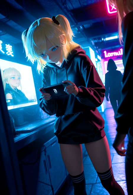 HDR, 8K, high contrast, masterpiece, best quality, amazing quality, very aesthetic, superabsurd res, high resolution, ultra-detailed, absurdres, newest, scenery, (horikoshi kouhei:0.3), (quasarcake:0.3), (wlop:0.3), light rays, chiaroscuro, dynamic angle, close up, tm_emily, blue eyes, blonde hair, petite, two side up, scrunchie, black hoodie, black striped thigh high socks, playing handheld videogame, holding hand held video game, excited expression, smile, standing, looking down, dark, inside, cyberpunk, neon lights, night, screen glow, partially illuminated, (backlighting), Intricately designed, Mysterious Shadows, BREAK, photorealistic, beautiful detailed eyes, detailed skin, detailed hair, volumetric lighting, dappled light, light particles, dramatic shadows, cinematic lighting, photo background, depth of field, <lora:ponyxl\cfg_scale_boost:0.8> <lora:IL\KMS_TM_Emily_IL-000003:0.8>