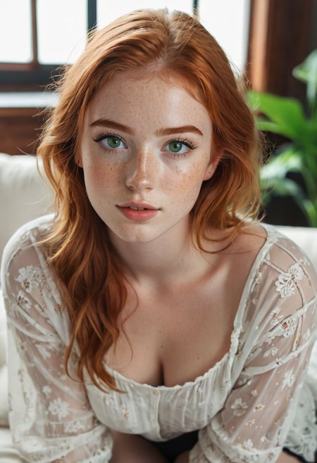 bright sunlight, portrait, beautiful woman, 20 years old, green eyes, (black bold eyeliner, makeup:1.3), freckles, soft smile,  shoulder length ginger hair at side, ear, see through loose blouse, cleavage, kneeling, living room, knee high socks,  petite body, beautiful legs, realistic soft skin, looking at viewer, top view,
hyper detailed, analog photo, Cinematic,