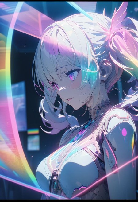 gorgeous lips, cinematic, (masterpiece), (best quality), (ultra-detailed), very aesthetic, illustration, perfect composition, intricate details, absurdres, detailed face, (anime, masterpiece, intricate:1.3), (best quality, hires textures, high detail:1.2), (4k),(incredibly detailed:1.4) 
Hologram girl, hologram, no humans, outline only, wireframe, glowing wireframe, pretty girl, rainbow hologram,  futuristic, transparent body, void body, only outline neon tube, twintails, low twintails, fluffy hair, rainbow colors, small wings, aesthetic grid, silhouette ,more_prism background, vibrant color, more_details:1.5
