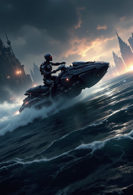 nistyle, a_skynet_cyberdyne_craft, the image is featuring a terminator endoskeleton riding a jet ski at speed on a stormy ocean, silhouetted, chiascuro
