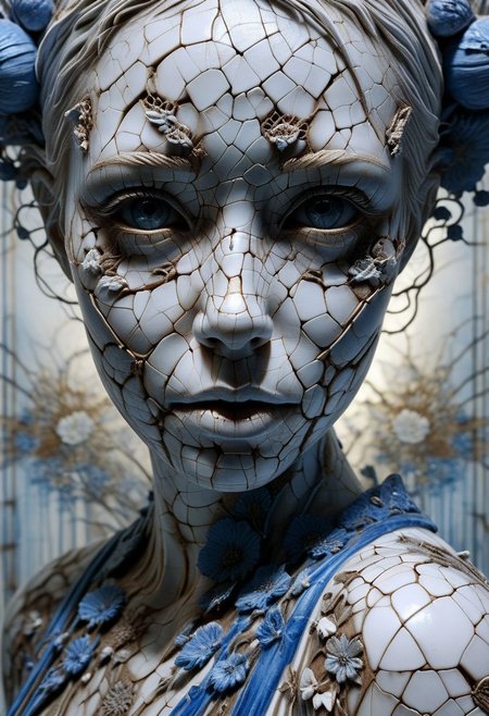 Close-up porcelain face, mysterious silhouette of a porcelain woman in worn down porcelain clothing, white and blue porcelain, alluring goddess, by Minjae Lee, Carne Griffiths, Emily Kell, Steve McCurry, Geoffroy Thoorens, Aaron Horkey, Jordan Grimmer, Greg Rutkowski, amazing depth, double exposure, surreal, geometric patterns, intricately detailed, bokeh,  perfect balanced, deep fine borders, artistic photorealism , smooth,  great masterwork by Suiras  <lora:add-detail-xl:2>  <lora:Double_Exposure:0.5>