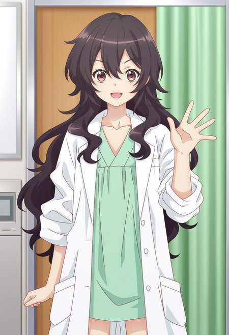 (best quality:1.1),ultra-detailed,high resolution,super detailed skin,beautiful detailed eyes,8k,sharp focus,beautiful,beautiful eyes,anatomically correct,anatomically correct face,extremely detailed eyes,smooth edges,beautiful face,symmetrical eyes,symmetrical face,smile,
AMEKU_TWO,solo,black hair,long hair,green shirt,kimono,hair between eyes,closed mouth,looking at viewer,lab coat,wavy hair,collarbone,<lora:AMEKU_illustrious-000020:1>,open mouth,waving,cowboy_shot