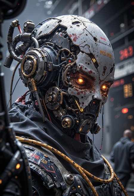 cyborg, exosuit, mech, futuristic, (off-center composition, left aligned, face portrait:2), a new cyborg, battle brand-new, bulky power armor, gothic battle field, cinematic film still glamorous photo dark art by Rafael Zabaleta, expressionism art by Asger Jorn, vibrant, Abstract expressionism, experimental painting techniques, striking and energetic colors, dynamic compositions, Expressionism, paradise landscapes, emotive brushwork, sea  tones, dramatic lighting, introspective themes . high fashion, luxurious, extravagant, stylish, sensual, opulent, elegance, stunning beauty, professional, high contrast, detailed . shallow depth of field, vignette, highly detailed, high budget, bokeh, cinemascope, moody, epic, gorgeous, film grain, grainy <lora:black_fantasy.safetensors:1.0>,  <lora:RM_Robotify_v0.7M.safetensors:0.8>,