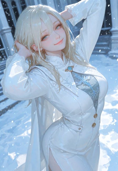  (score_9, score_8_up, score_7_up), white theme, masterwork, masterpiece, best quality, dynamic pose, dynamic angle, (realistic:1.4), (lineless:1.2), detailed, <lora:Detailer_NoobAI_Incrs_v1:0.75>, , aged up, adult, depth of field, blurry, cheekbones, dynamic lighting, high detail, 8k                       girl, kawai girl,Expressiveh, good_hands, best quality,mature woman,              ,score_9_up, score_8_up, score_7_up, ,score_6_up,standing,elsa, posing with hands in hair, looking at viewer, pale milky skin, snowing, sultry smile